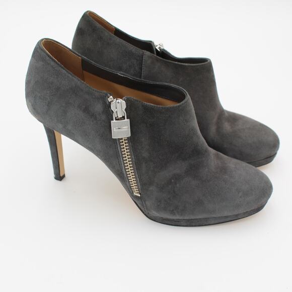 Michael Kors Booties Womens 9.5 Gray Suede High Heel Ankle Boots Zip Logo Lock - Picture 11 of 12
